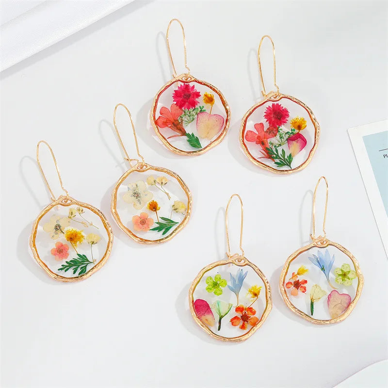 Unique Epoxy Resin Pressed Flower Earrings Women Colorful Real Flower Natural Earring Handmaking Floral Statement Jewelry 2024