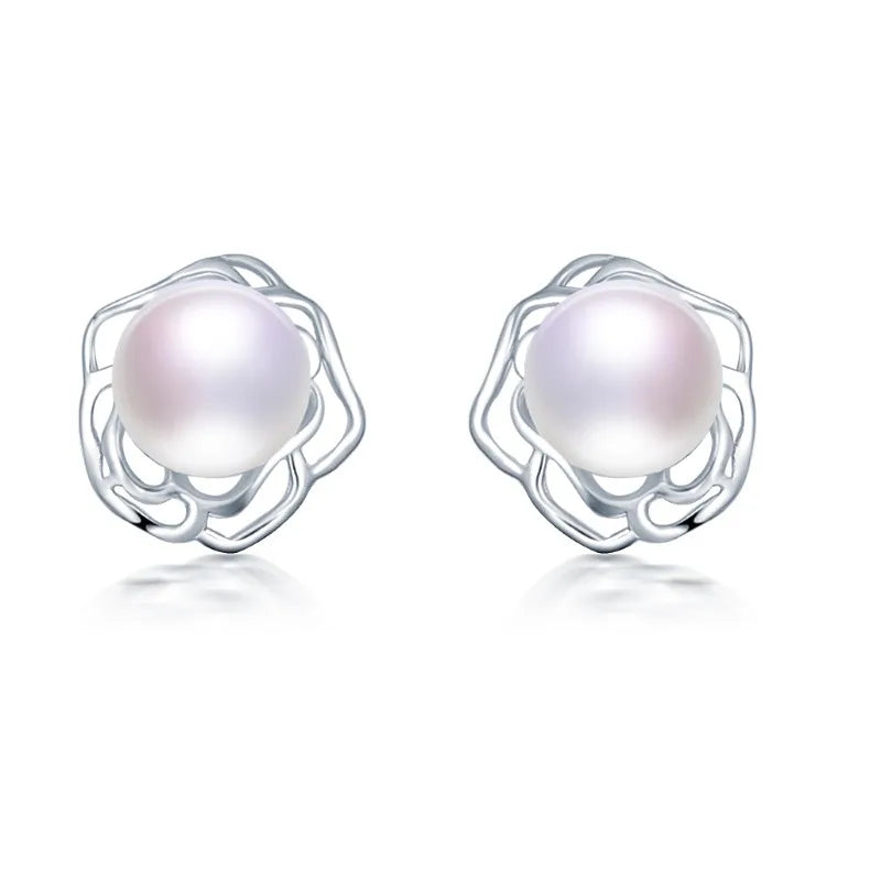 YWYC Peony Flower Retro Style Stud Earrings for Women 8-9mm Natural Freshwater Pearl Earrings Jewelry 2025 Trend