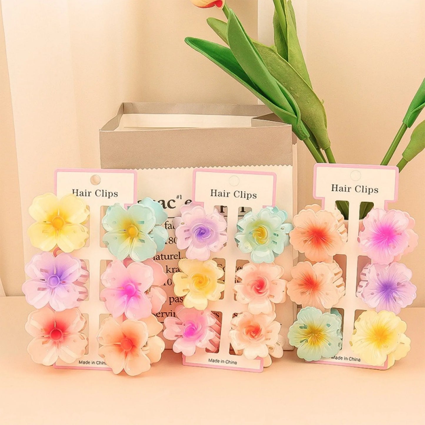 Tejesa 1set/lot 6 pieces of small hibiscus hair clip with gradient color, seaside vacation hair bun magic tool.