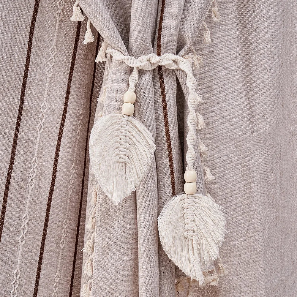 Boho Curtain Tiebacks Leaf Curtain Buckles with Wooden Bead Cotton Rope Hand-Woven Curtain Straps for Home Bedroom Decoration