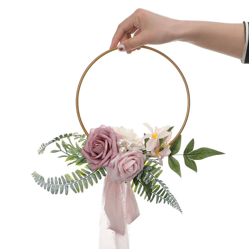 YeeNanee Wedding Gold Hoop Bouquet for Bridesmaids Floral Rose Eucalytpus Metal Ring Wreath Bridal Shower Ceremony Decoration