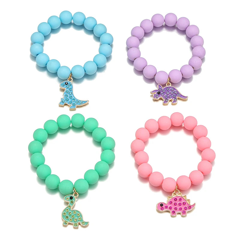 4Pack Cute Cartoon Dinosaur Charm Handmade Elastic Bracelets for Girls Jewelry Gift