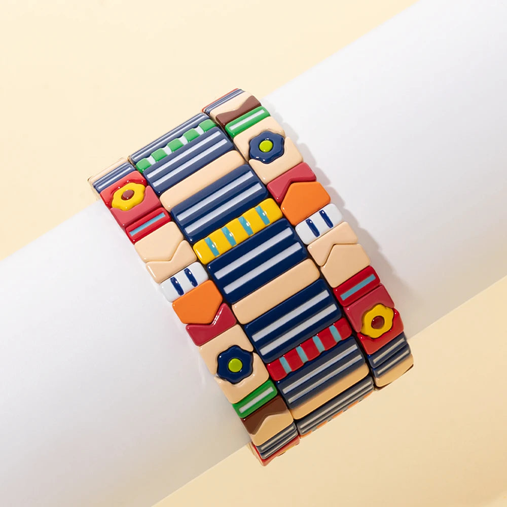 2023 New Design Enamel Bracelets For Women Multiple Shape Flower Charm Elastic Beads  Bangle Handmade Jewelry