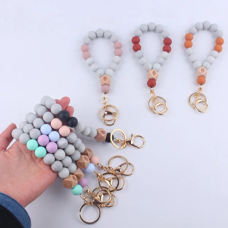 Hemasa  8Color Silicone Wooden Beaded Keychain Women Bracelet Pendant Keyring For Alloy Ring Key Chain