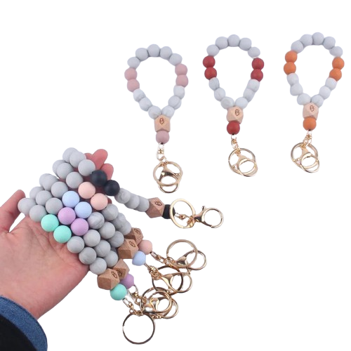 Hemasa  8Color Silicone Wooden Beaded Keychain Women Bracelet Pendant Keyring For Alloy Ring Key Chain