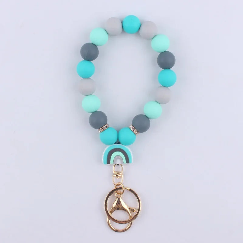 Food Grade Silicone Round Beaded Keychain Fashion Women Wristlet Bracelet Keyring For Anti-Loss Lobster Clasp Keychain Jewelry
