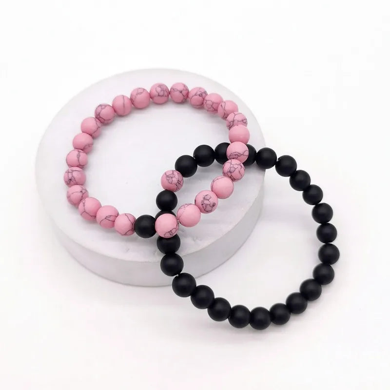 Black Matte White Line Turquoise Pink Pine Couple Set Bracelet Hot Selling Natural Stone Jewelry Beaded Bracelet For  Lovers