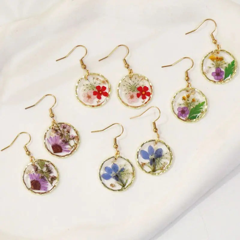 Elegant Natural Flower Round Earring Women Cute Epoxy Resin Pressed Flower Earrings Coloful Floral Natural Earring Wholesale