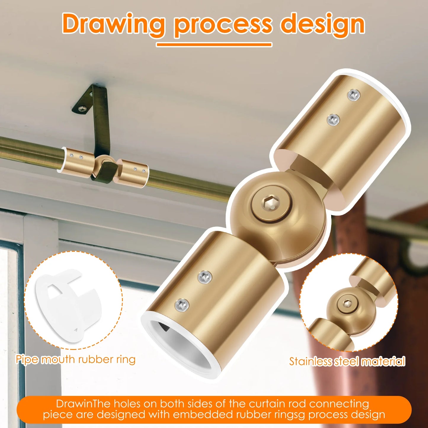 2Pcs Curtain Rod Corner Connector 90° to 180° Adjustable Angle Hinged Elbow Curtain Rod Connector 1Inch Window Curtain Connector
