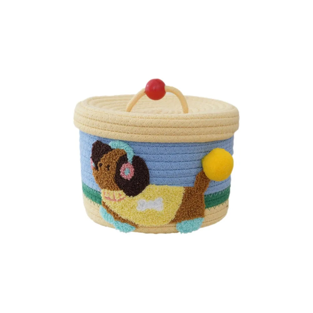Cartoon Cotton Rope Storage Basket Round with Cover Snack Organizer Box Dachshund Pattern Decorative Hand Woven Basket