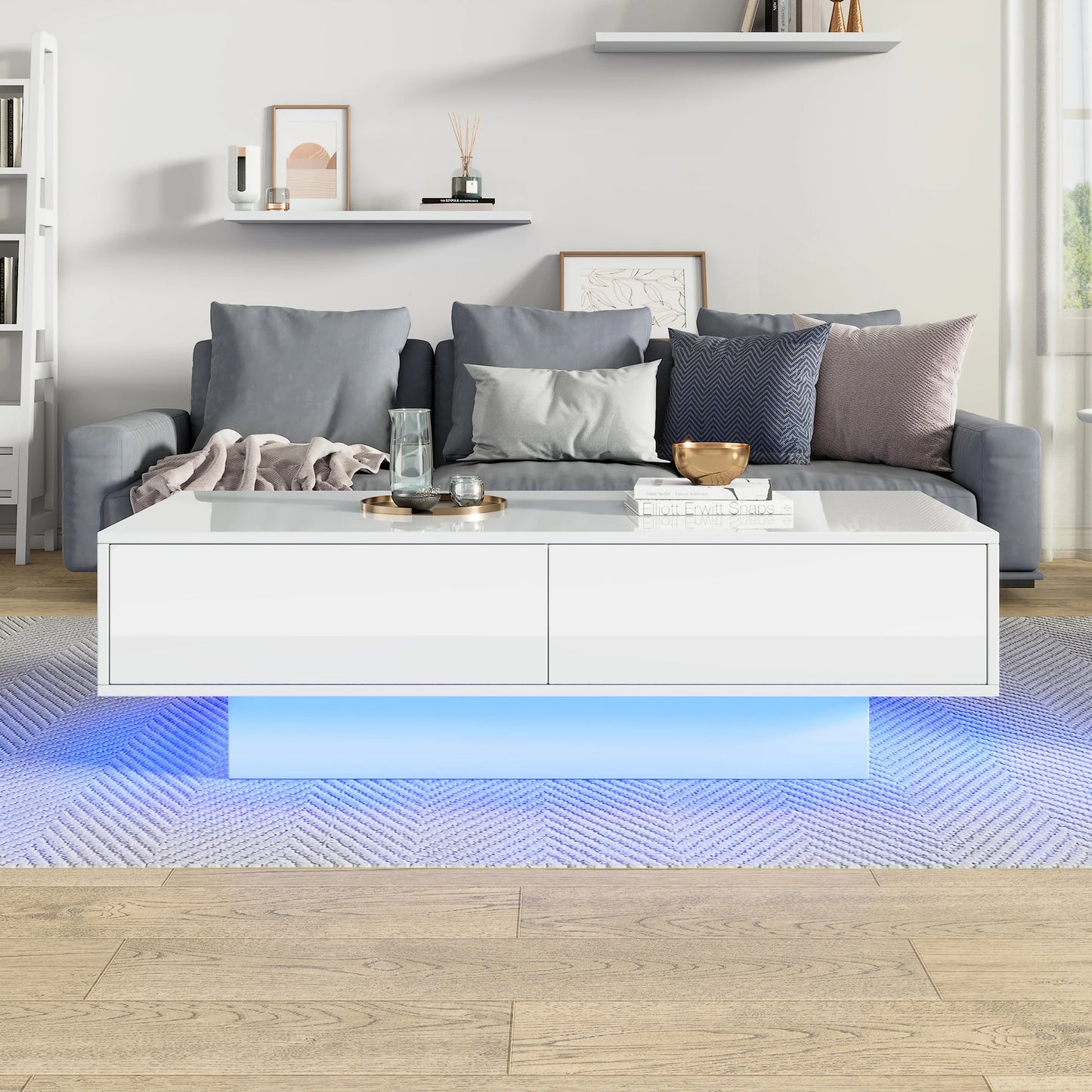 High Gloss LED Coffee Table with 16 Colors LED Lights and 2 Drawers, Rectangular Coffee Table for Office, Store and Living Room