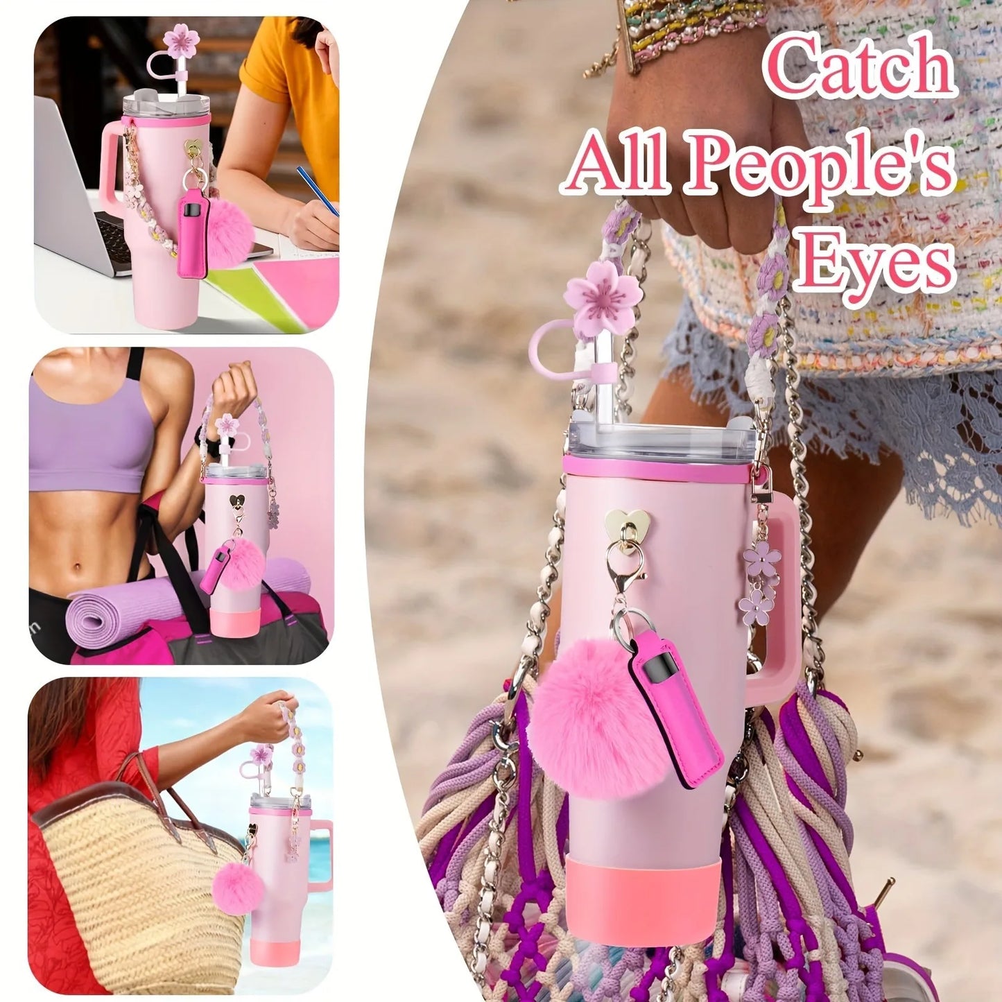 Hemasa 8PCS Cup Accessories, Set includes Water Bottle Handle Strap, Siliocne Boots, Lipstick Sleeve Pouch Straw Cap Cover for Stanley