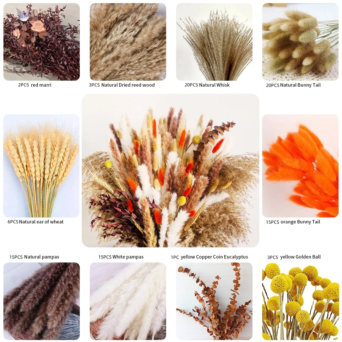 Fluffy Bunny Tails Grass Dried Flowers Pampas Bouquet for Wedding DIY Dining Table Decor Eucalyptus Leaves Home Party Decoration