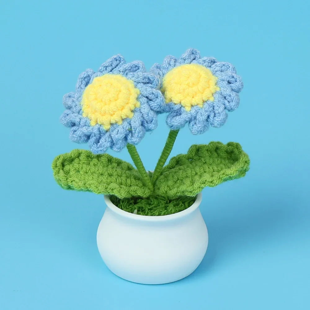 Hemasa Crochet Sunflowers Pot Creative Knitted Flowers Artificial Flower Hand Woven Finished Plant Car Desktop Decor Gift