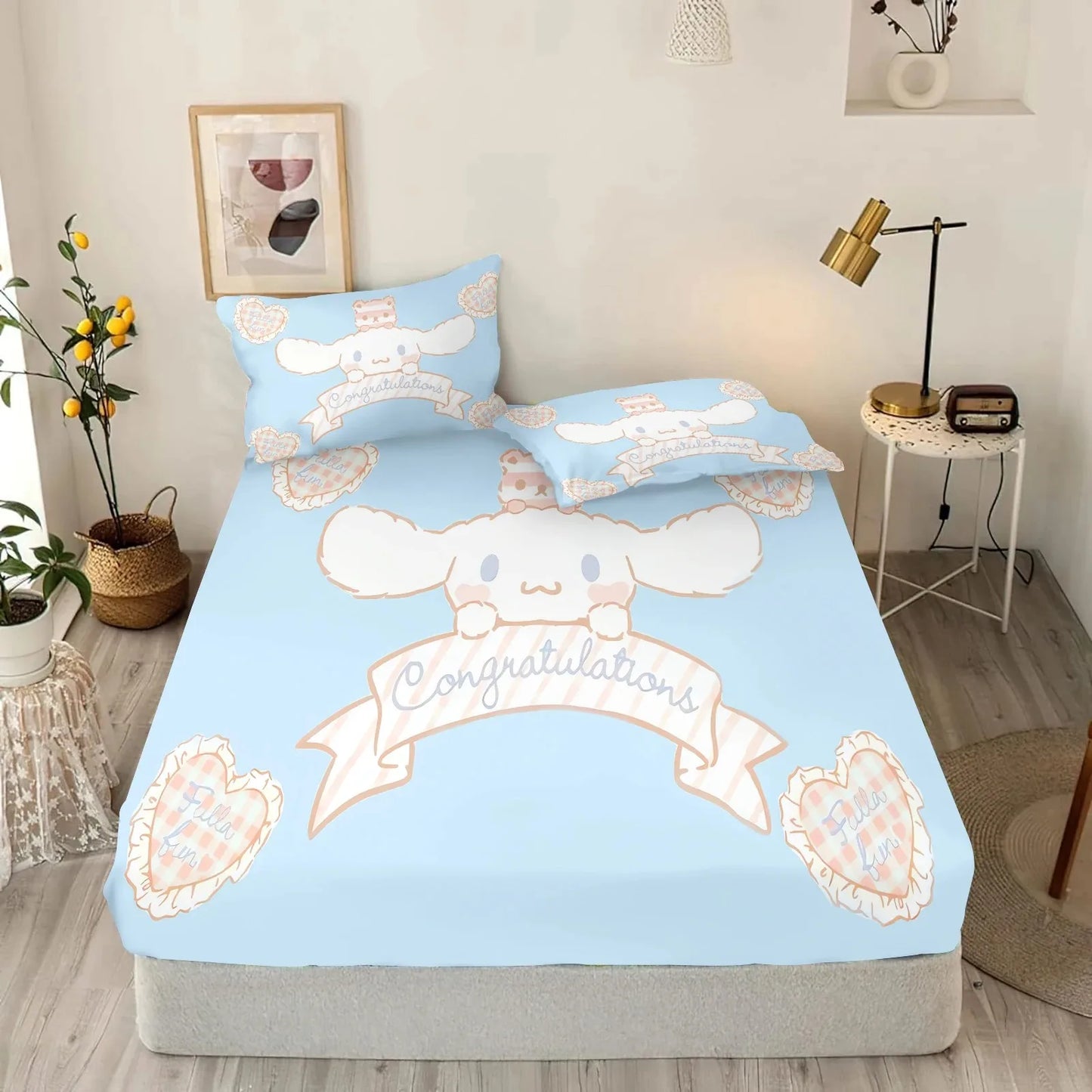 Cinnamoroll BedSheet With Pillowcase,Single/Queen/King Fitted Sheet,Girl Boy Adult Fitted Sheet with Elastic Band,Birthday Gifts