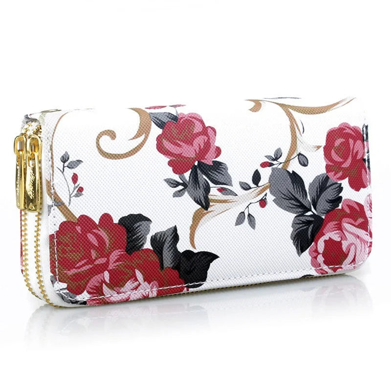 Hemasa Women's Rose Print Wallet Wild Double Zipper Clutch Bag Multi-card Women Bag /Purse