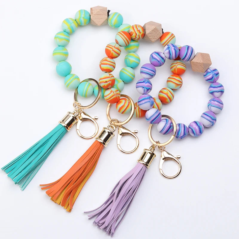 Hemasa  Silicone Bead Bracelet Tassel Keychain Colorful Stripes  Bead  Bag Key Pendant Gifts