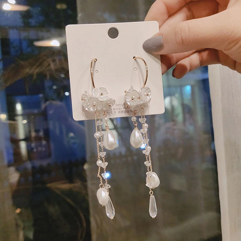 Summer Cute Green Flower Stud Earrings for Women Korean Fashion Temperament Long Tassel Asymmetrical Earring Party Jewelry Gift