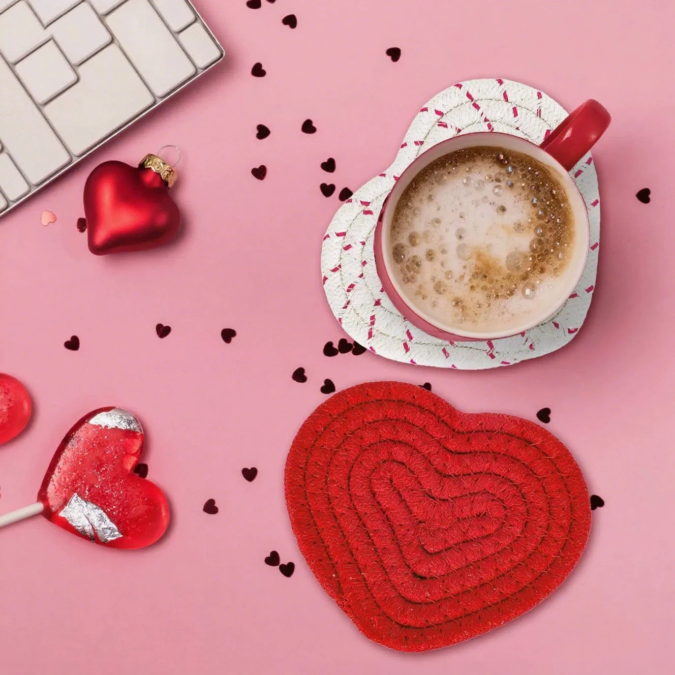 Tejesa  2Pcs Hand-woven Heart-Shaped Coaster Anti-Slip Table Mat /Handmade Cotton Linen Pot Pads