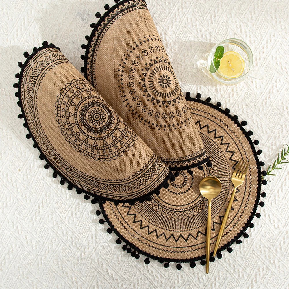Hemasa Set of 4  Boho Style Woven Jute Cotton Round Placemat Exquisite Embroidery Tassels Table Mat Pad/ Tableware Coaster/ Party Decoration