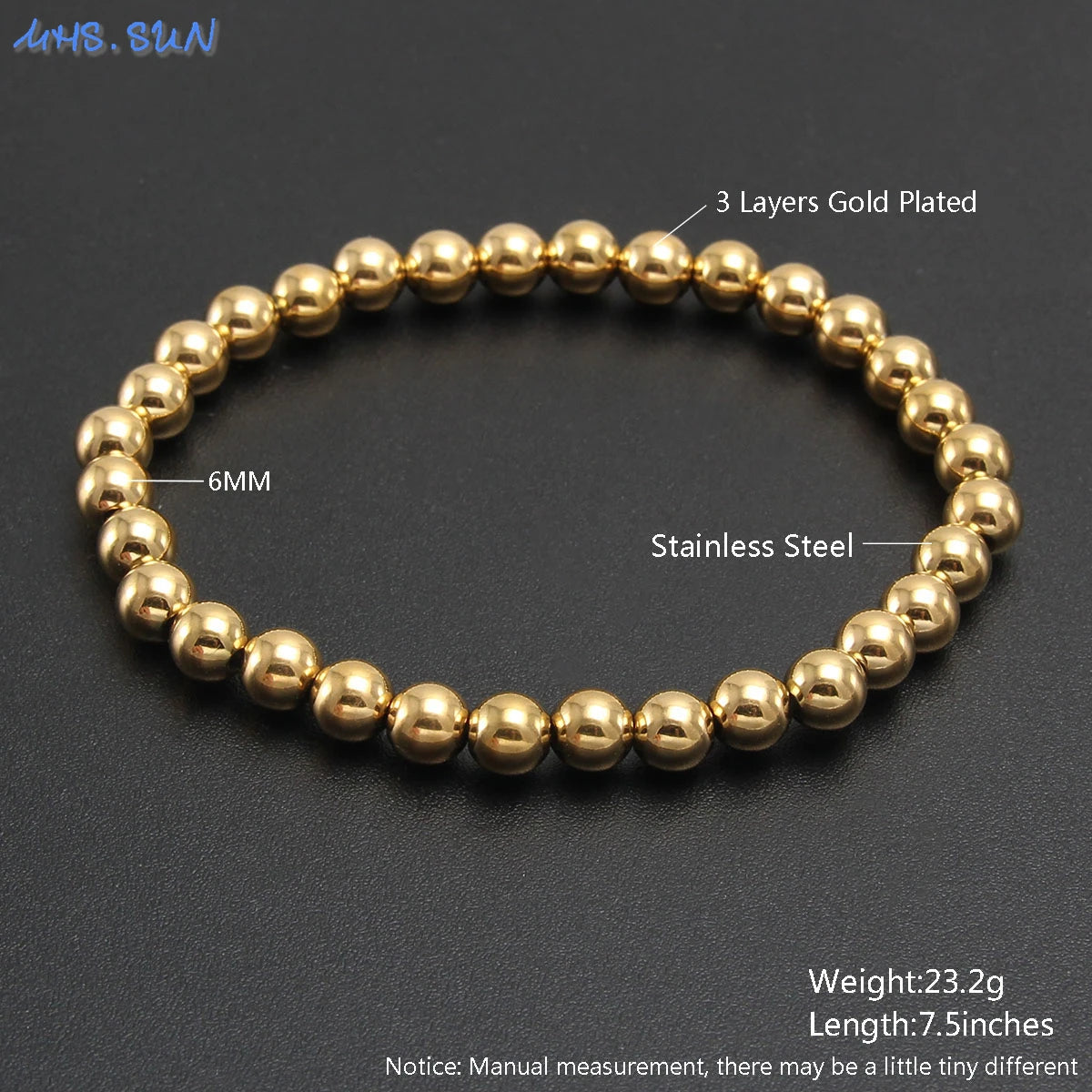 MHS.SUN Fashion Waterproof Smooth Stainless Steel Bracelets 2-10mm Elastic Beaded Gold Plated Stackable Bracelet Women Jewelry