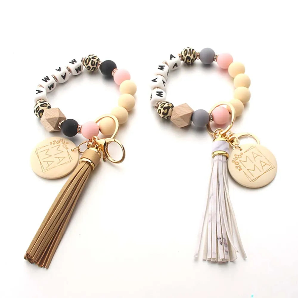 Fashion Round Wooden MAMA Pendant Tassel Keychain Silicone Ball Dice Woven Bag Charm Chain For Mother's Day gift