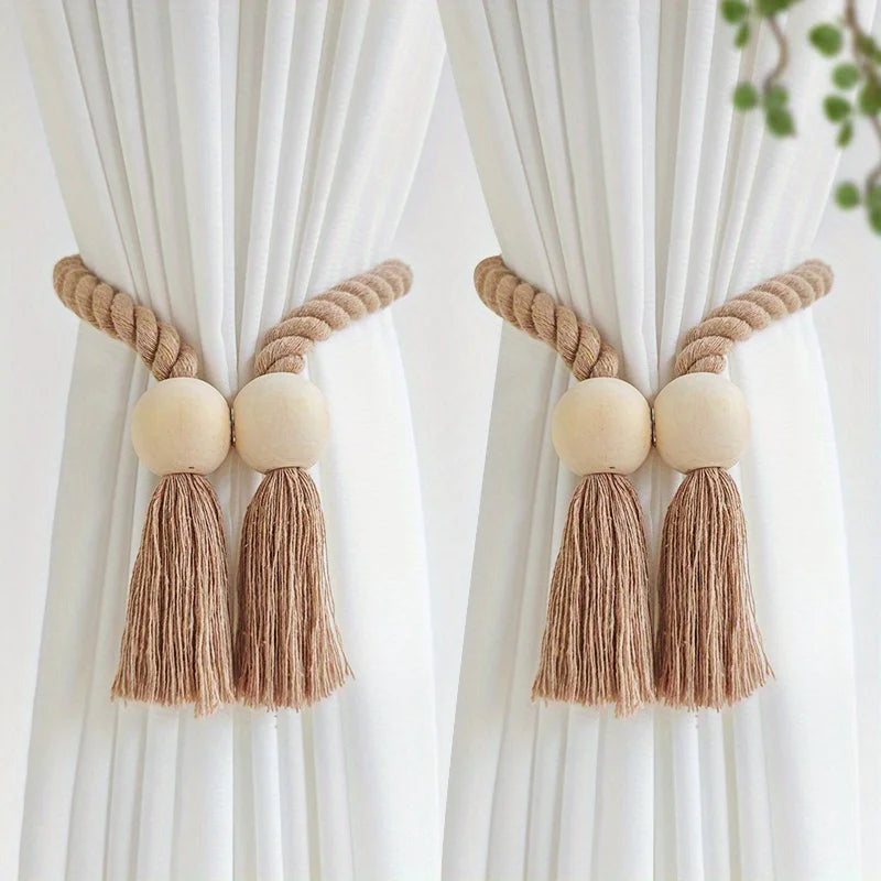 2pcs Magnetic Wood Beaded Curtain Strap Curtain Buckle Clips Holdbacks Curtain Tie for Living Room Bedroom Home Decoration