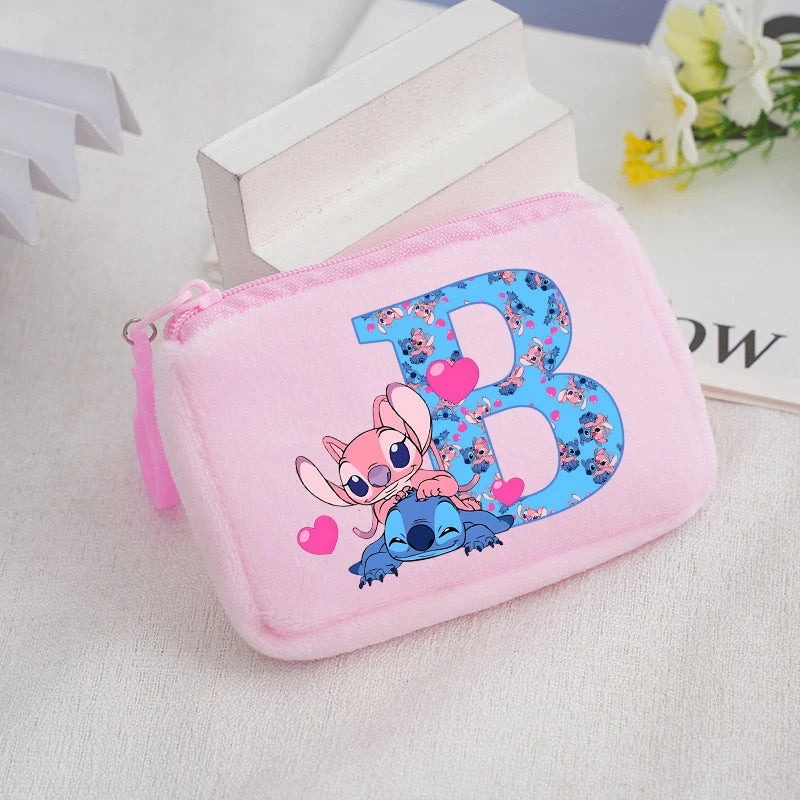 Disney Stitch Plush Coin Purse Cute Anime Cartoon A-Z Letter Stich Printed Wallet Kawaii Girls Earphone Storage Zipper Bag Gifts