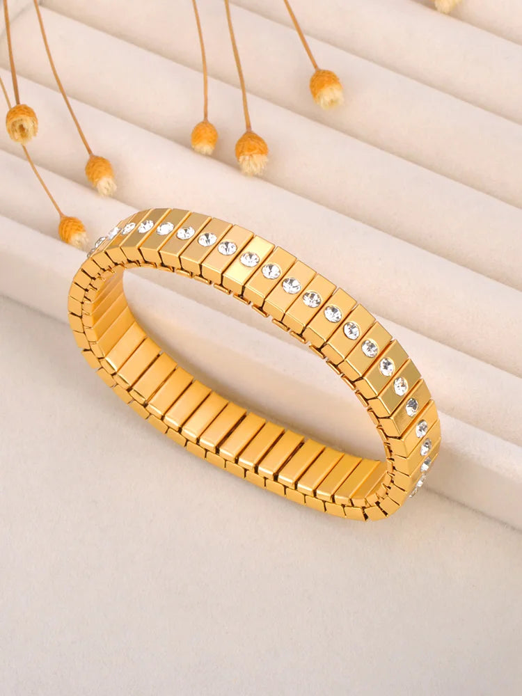 Lokaer 316L Stainless Steel CZ Crystal Elasticity Chain Bracelets For Women Real Gold Plated Trendy Waterproof Jewelry B23138
