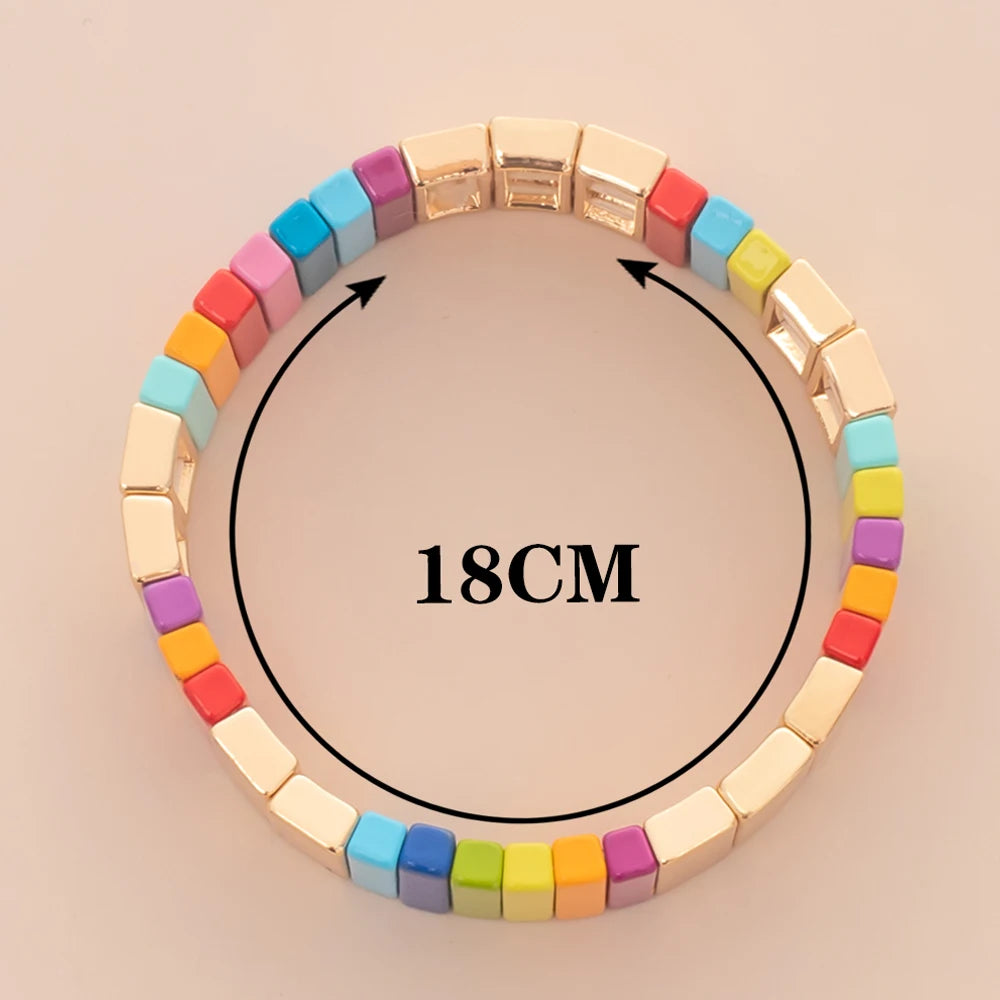 Wholesale Enamel Bracelets Set Gold Color Bangle For Women Colorful Beads Elastic Bracelets Handmade  Beads Jewelry