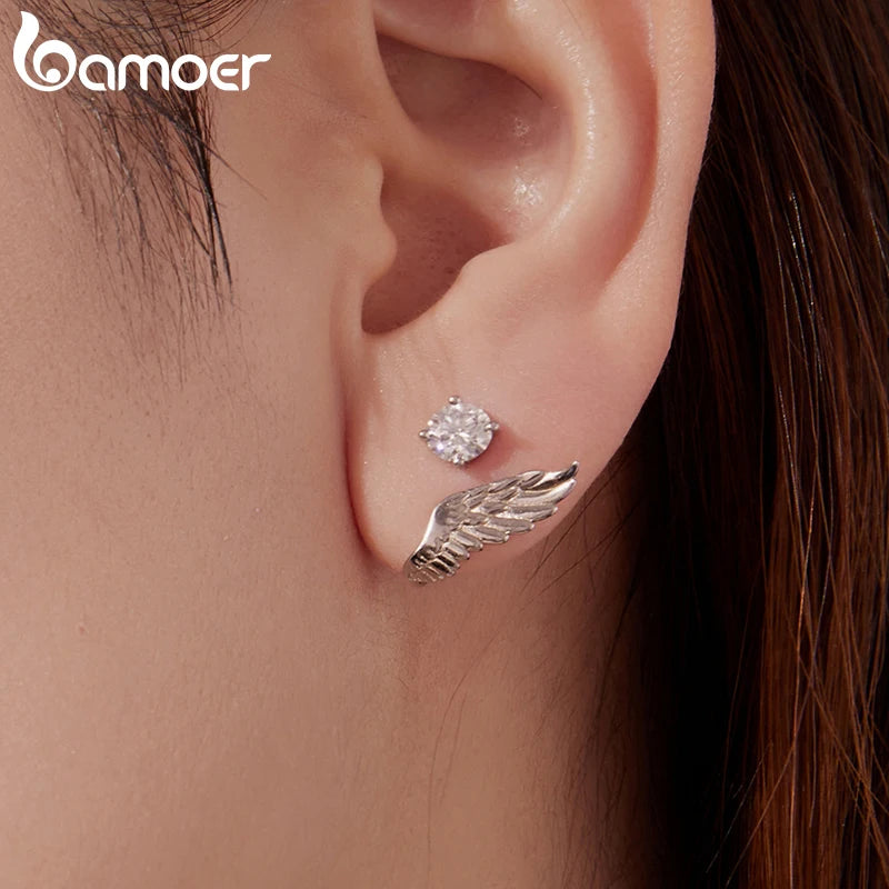 BAMOER 0.5CT Angel Wing Moissanite Stud Earrings, Symmetrical Cartilage Climber Earrings Round Cut Lab Created Diamond for Women