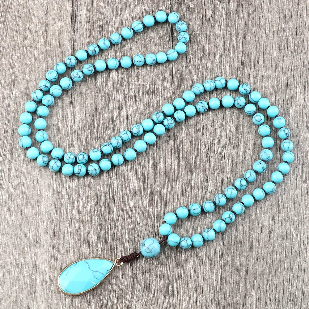 Fashion Water Drop Pendant Necklace For Women Natural Blue Stone Beaded Necklace 108 Beads Japamala Prayer Necklace Men Jewelry