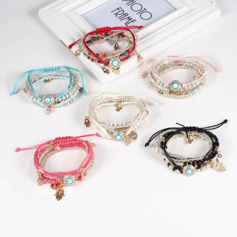Bohemian Evil Eye Pendant Bracelet Set for Women Crystal Fatima Hand Charm Stone Beads Chain Bangle Female Bohemian Jewelry Gift