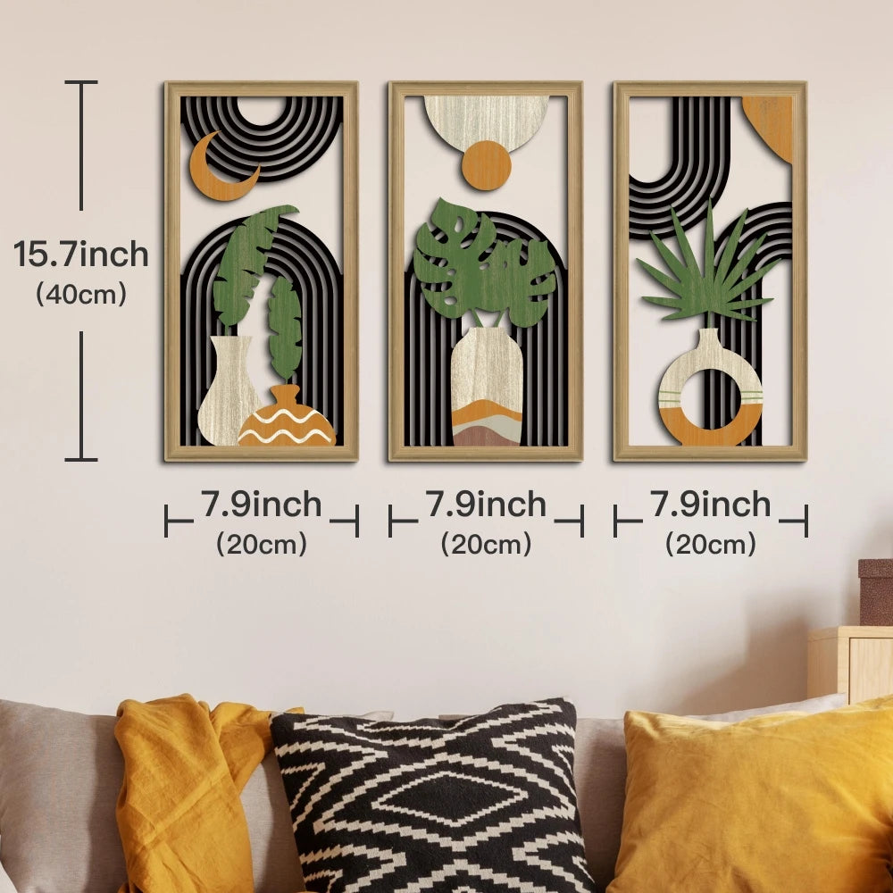 Hemasa 3pcs Boho style Hollow Wood Retro Rustic Leaf Pattern Wall Hanging Art Living Room Bedroom Wall Hanging Home Decoration