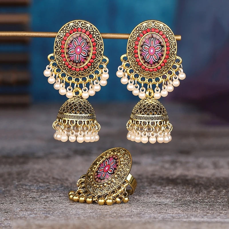Hemasa Ethnic Pendant Earrings/Ring Set For Women Turkish Egypt Tribe Pearl Tassel Flower Carved Indian Earrings Jewelry