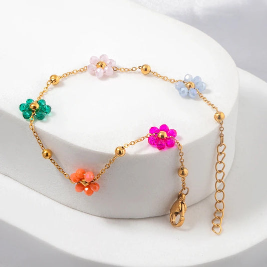 Sweet Multicolor Small Flower Charm Bracelet For Women Korean Summer Flower Gold Chain Small Gold Color Ball Adjustable Bracelet