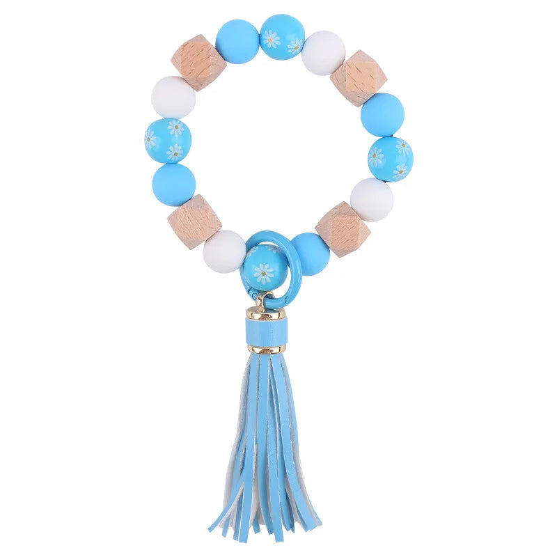 Food Grade Silicone Round Beaded Keychain Fashion Women Wristlet Bracelet Keyring For Anti-Loss Lobster Clasp Keychain Jewelry