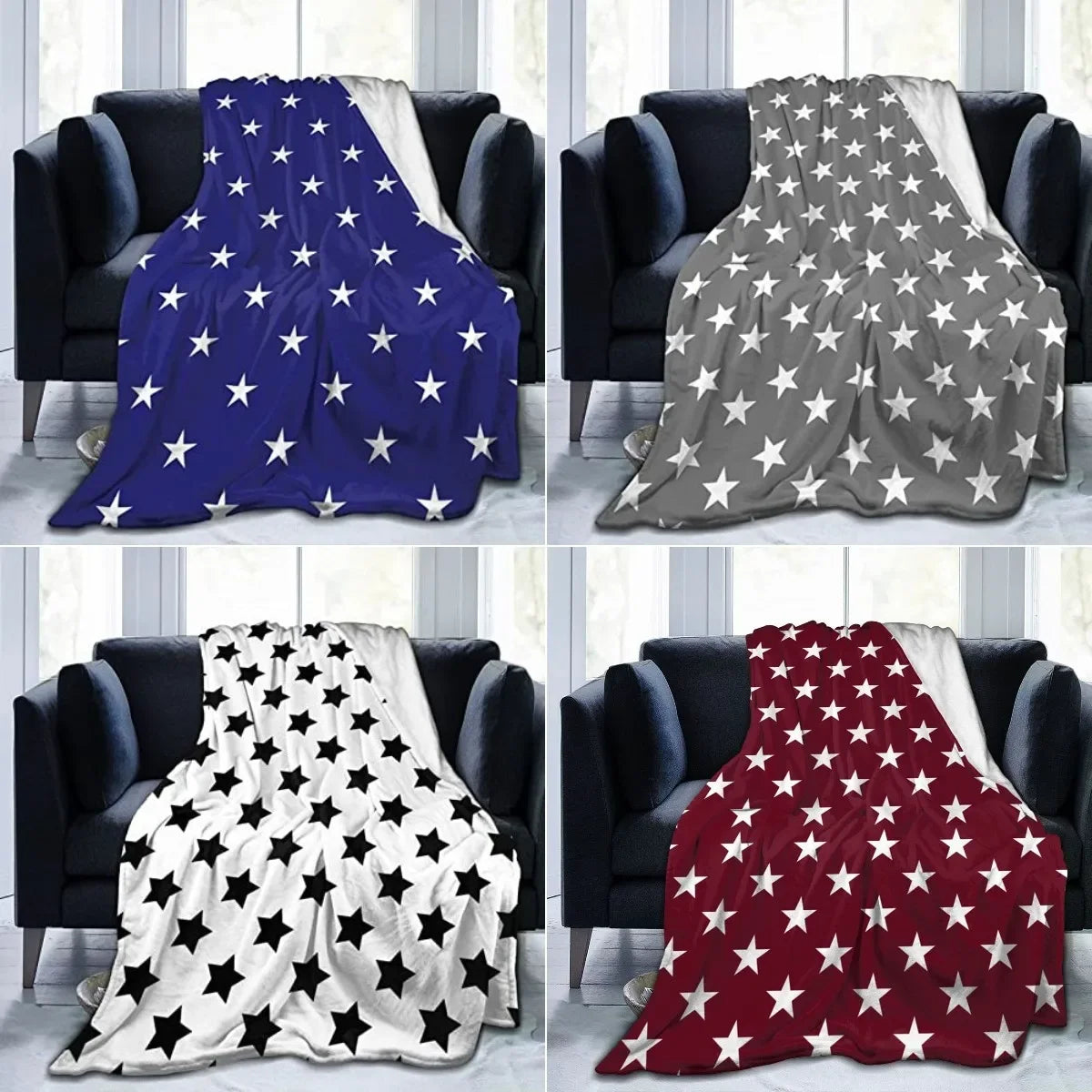 Hemasa Star Flannel Throw Blanket Blue and White Colour Air Conditioning  for All Seasons Couch Sofa Living Room King Queen Size