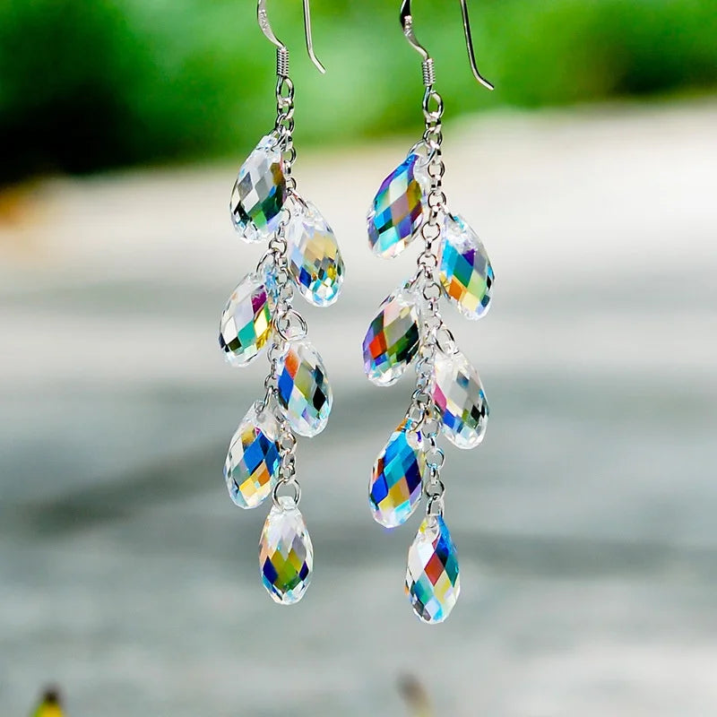 Luxury Silver Color Metal Inlaid Water Droplet Stone Hook Earrings 2023 Fashion Long Geometry Tassels Dangle Earrings for Women