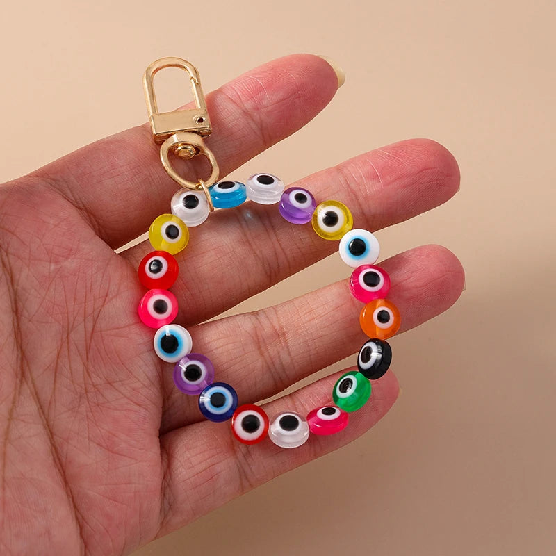 Aihua Colorful Round Evil Eyes Beaded Keychain For Couple Lover Boho Turkish Lucky Blue Eye Key Ring Bag Phone Lanyard