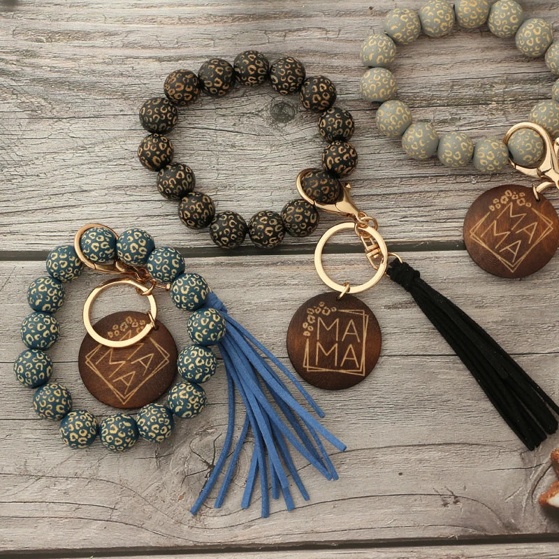 Hemasa Silicon Beads MAMA Monogram Wood Blank Wooden Disc Bracelet Tassel Keychain Wristlet Gift for Her Key Ring