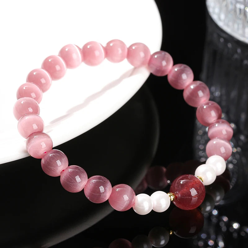 Change Better Natural Fuchsia Cat Eye Stone Strawberry Quartz Lucky Bead Bracelet Women Trendy Simple Strand Bangles Party Gifts