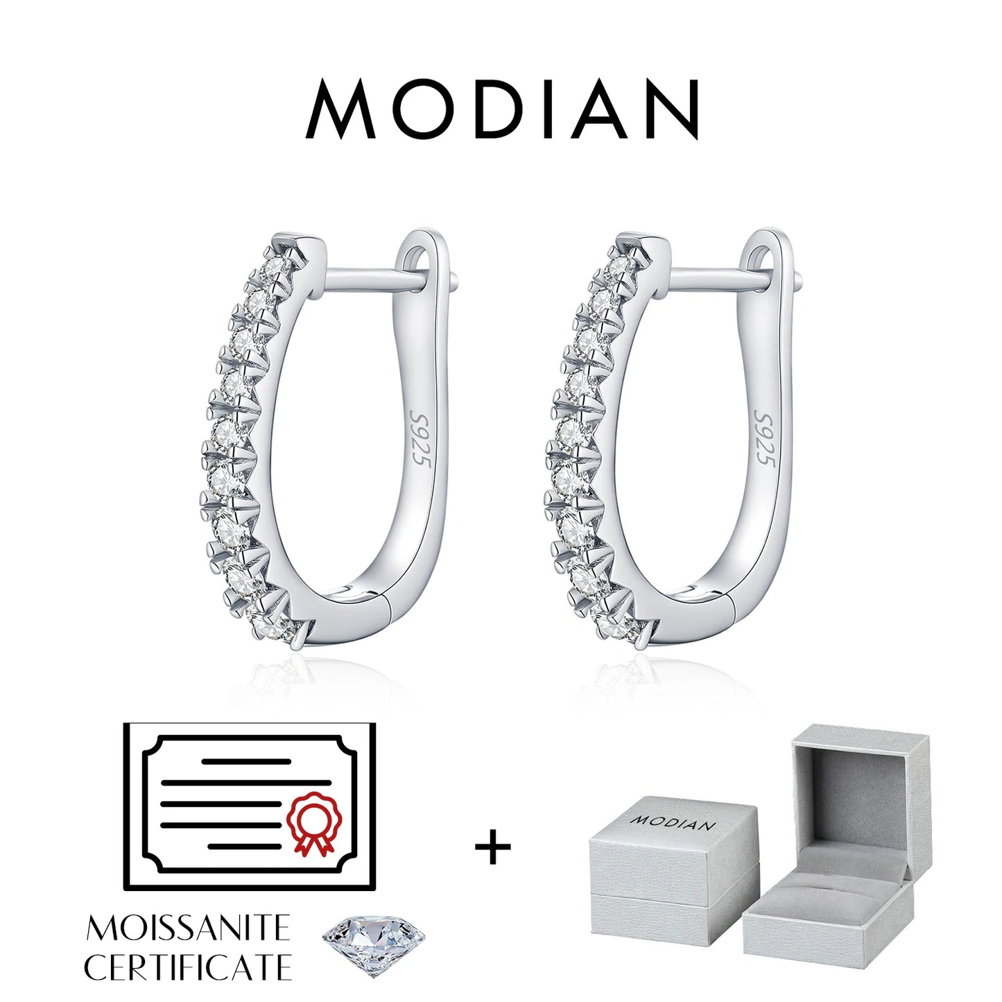 MODIAN D Color Moissanite U Shape Hoop Earrings 925 Sterling Silver Exquisite Elegant Ear Buckle For Women Daily Fine Jewelry