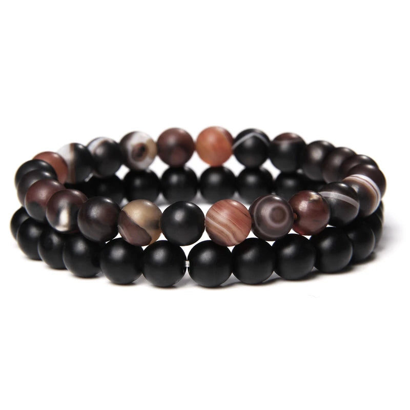 2pcs/set Beaded Bracelet Natural Stone Tiger Eye Hematite Beads Bracelet Men Energy Elastic Rope Bracelet Jewelry Couples Gifts