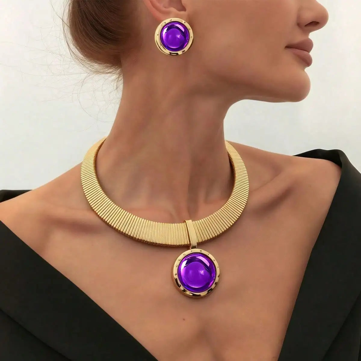 Elegant Metal Necklace Bracelet Set with Exaggerated Purple Pendant for Wedding Banquet Lightweight Luxury Bride Jewelry