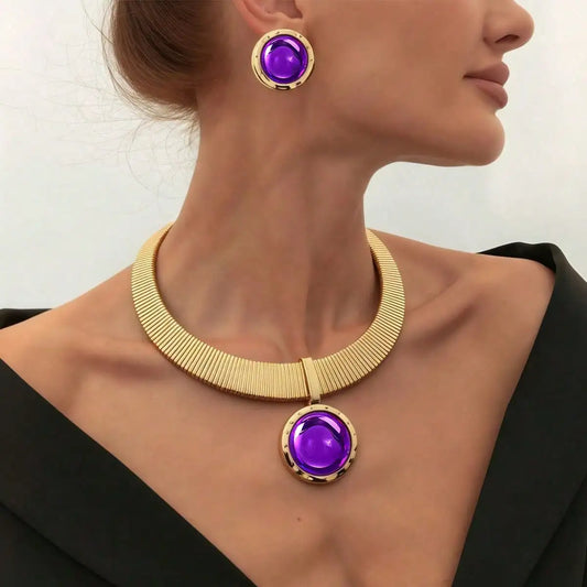 Elegant Metal Necklace Bracelet Set with Exaggerated Purple Pendant for Wedding Banquet Lightweight Luxury Bride Jewelry