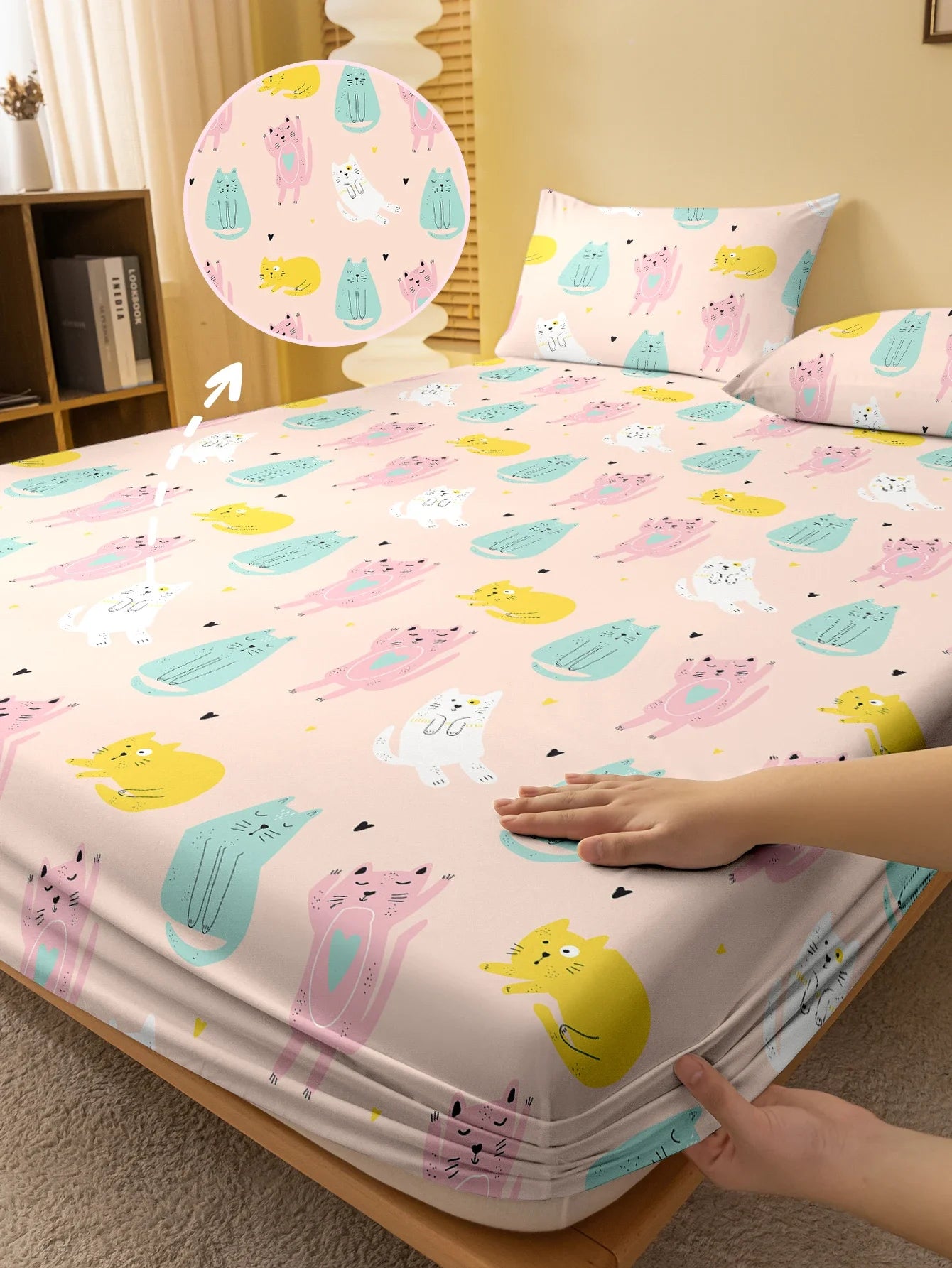 1 Cartoon Cute animal Cat Printed Matte Fitted Sheet, Bedroom Printed Bed Cover, Bedding (Excluding Pillowcases)
