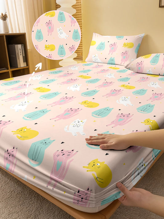 1 Cartoon Cute animal Cat Printed Matte Fitted Sheet, Bedroom Printed Bed Cover, Bedding (Excluding Pillowcases)