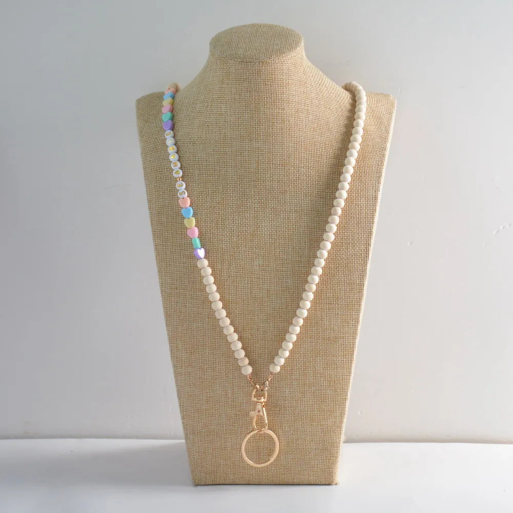 Boho Teacher Lanyard Rainbow Wooden Acrylic Heart Letter Beaded Breakaway lanyard Back to School gift ID holder Badge Necklace