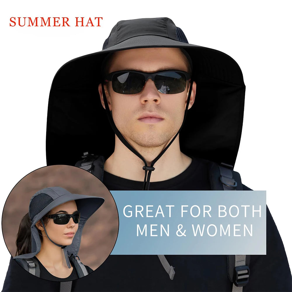 Tejesa Black Sun Hat for Men Women with Neck Flap UPF 50+ UV Protective Hiking Fishing Hats Wide Brim Sun Hat for Women&Men